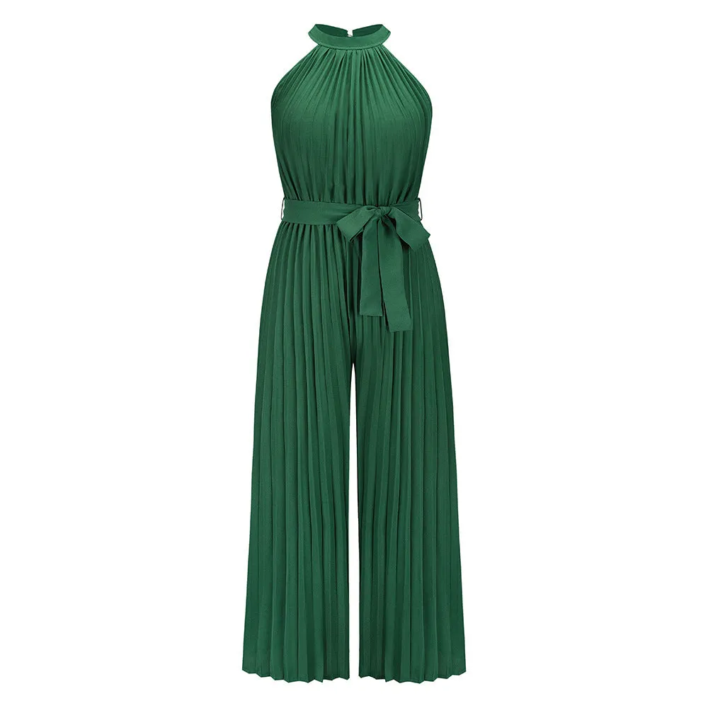 2022 Summer Sexy Halter Neck Sleevelesss Pleated Long Wide Leg Jumpsuit