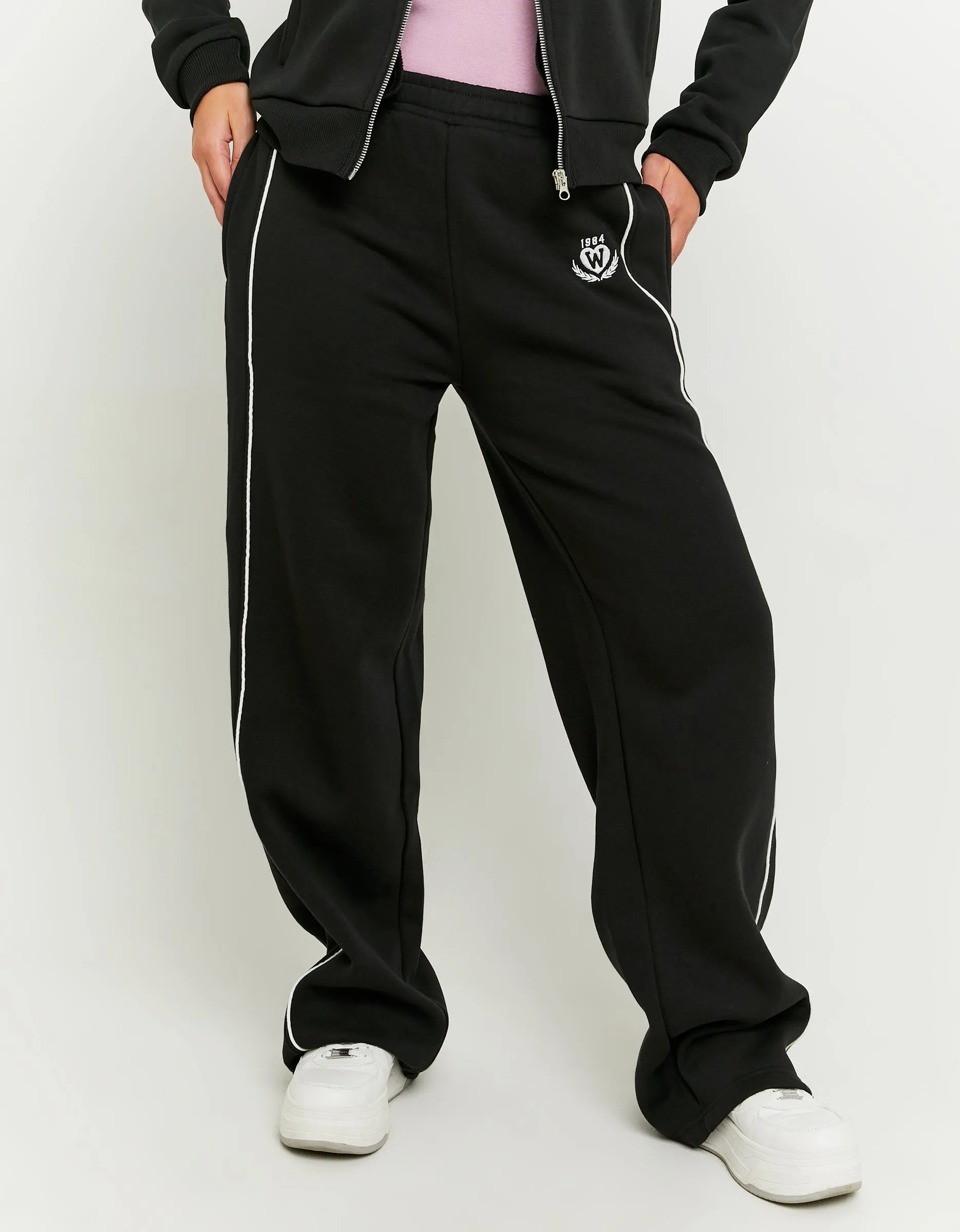 Black Joggers With Embroidery And Bands Detail