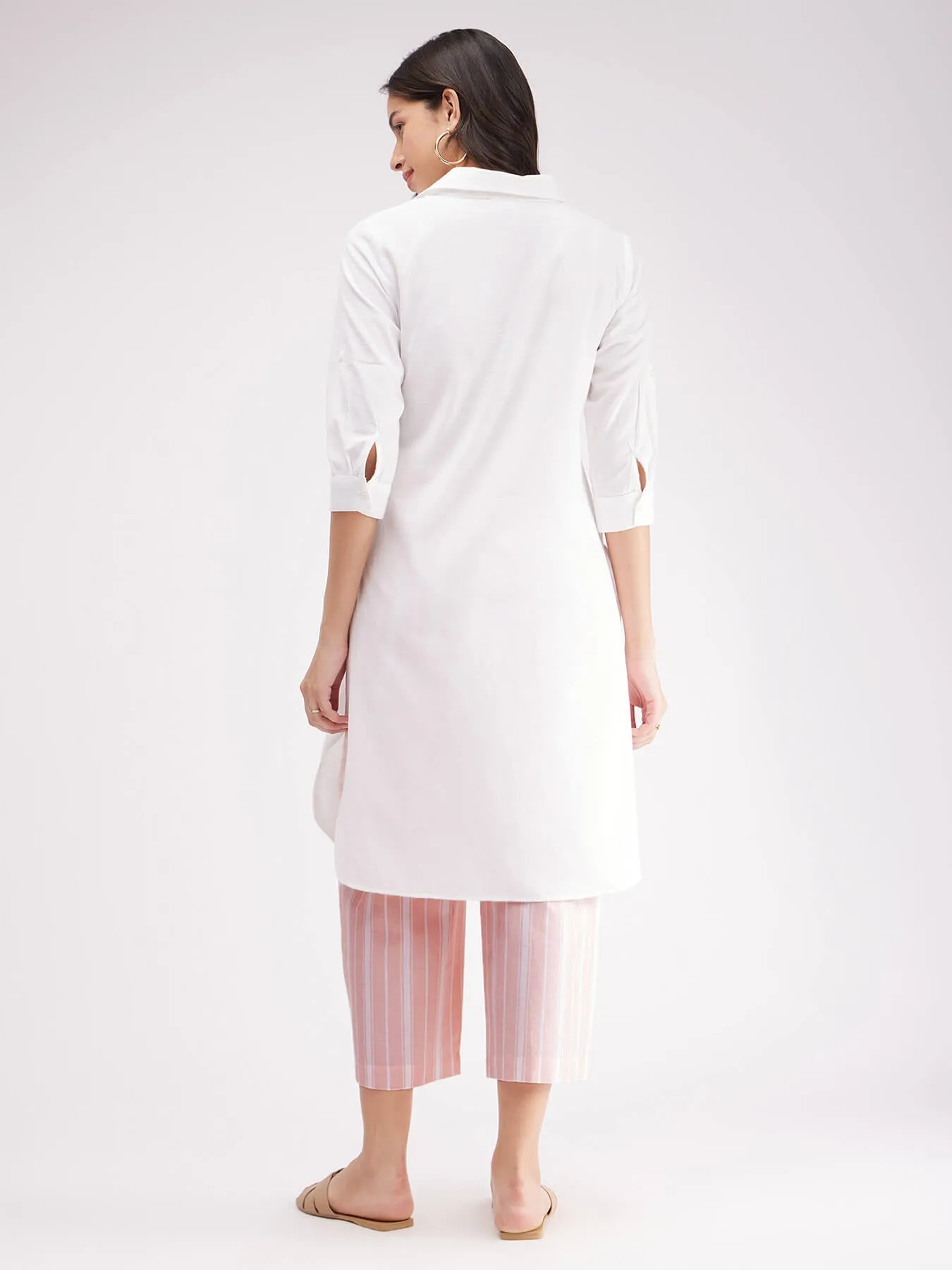 Cotton Solid Kurta Set - White And Pink