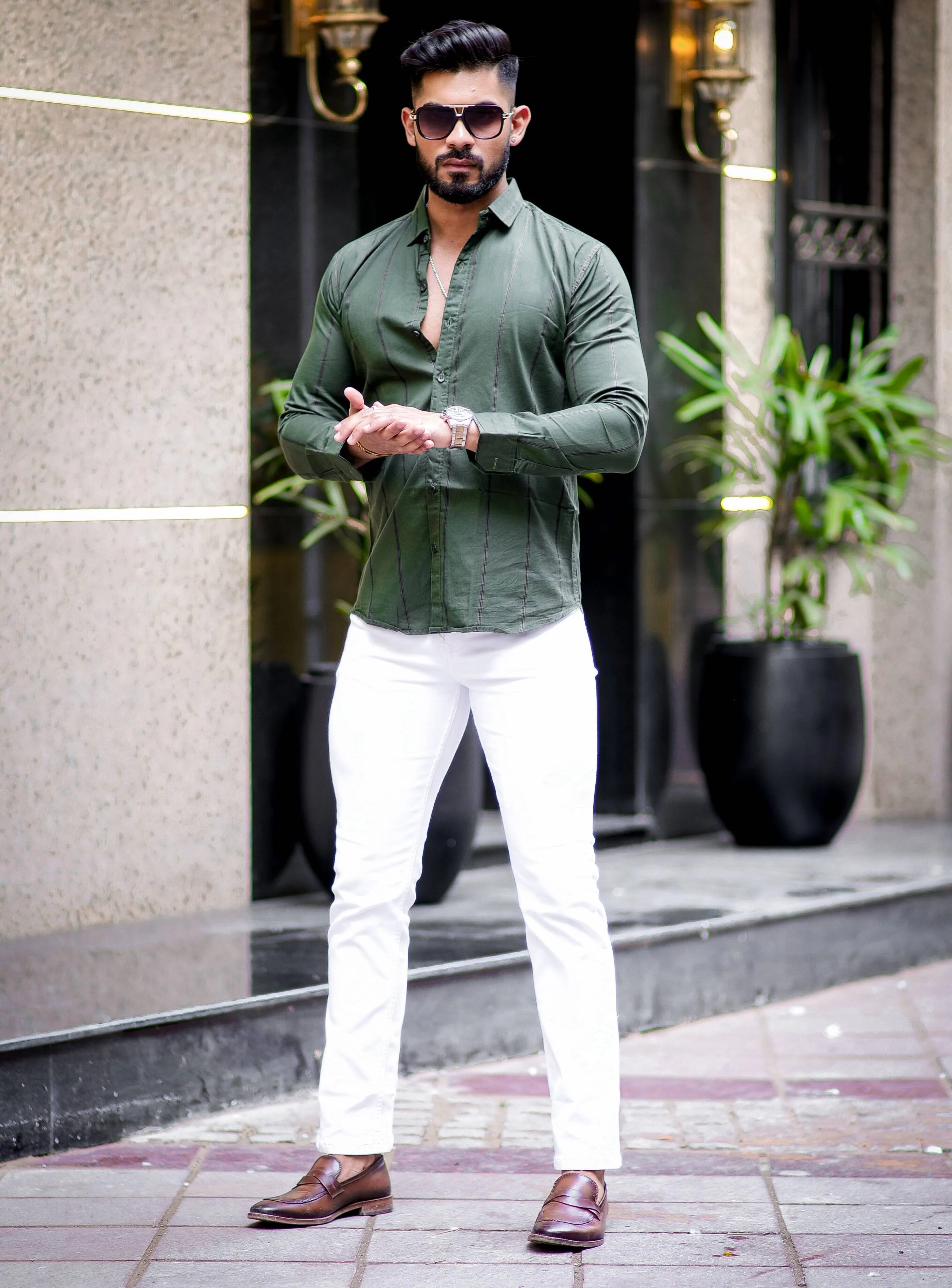 Green Stripe Printed Cotton Shirt For Men's