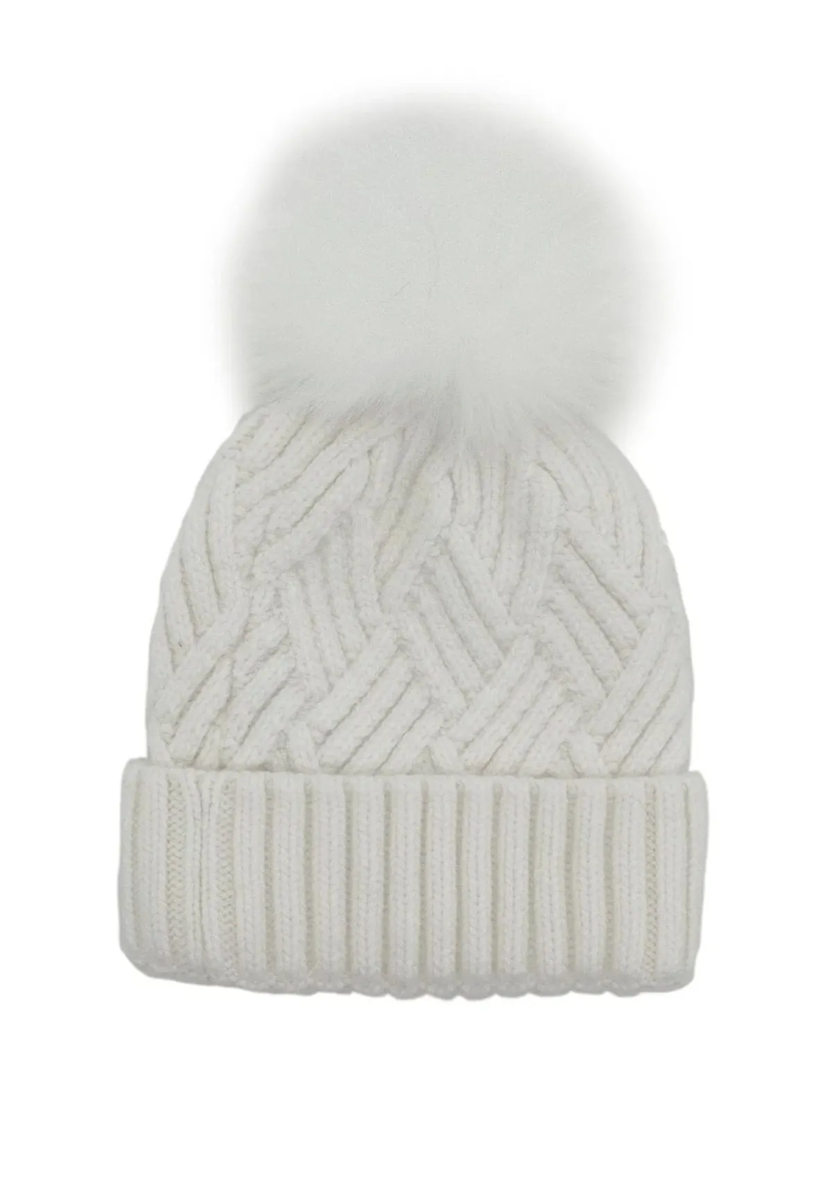 Knit White Hat with Fox Pompom