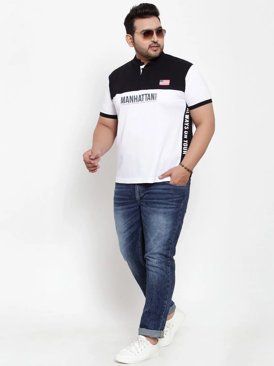 plusS Men White Colourblocked Henley Neck T-shirt