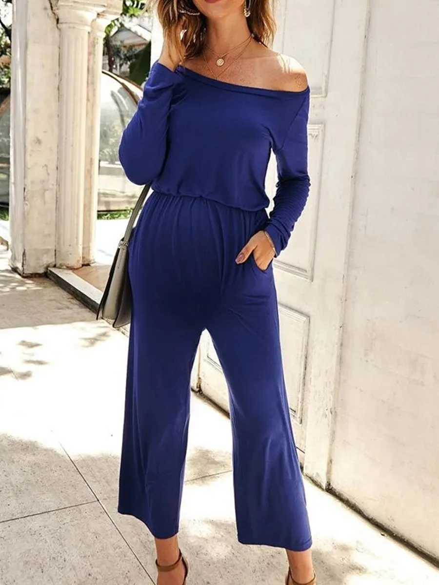 Solid Color Shoulder Movement Maternity Jumpsuit