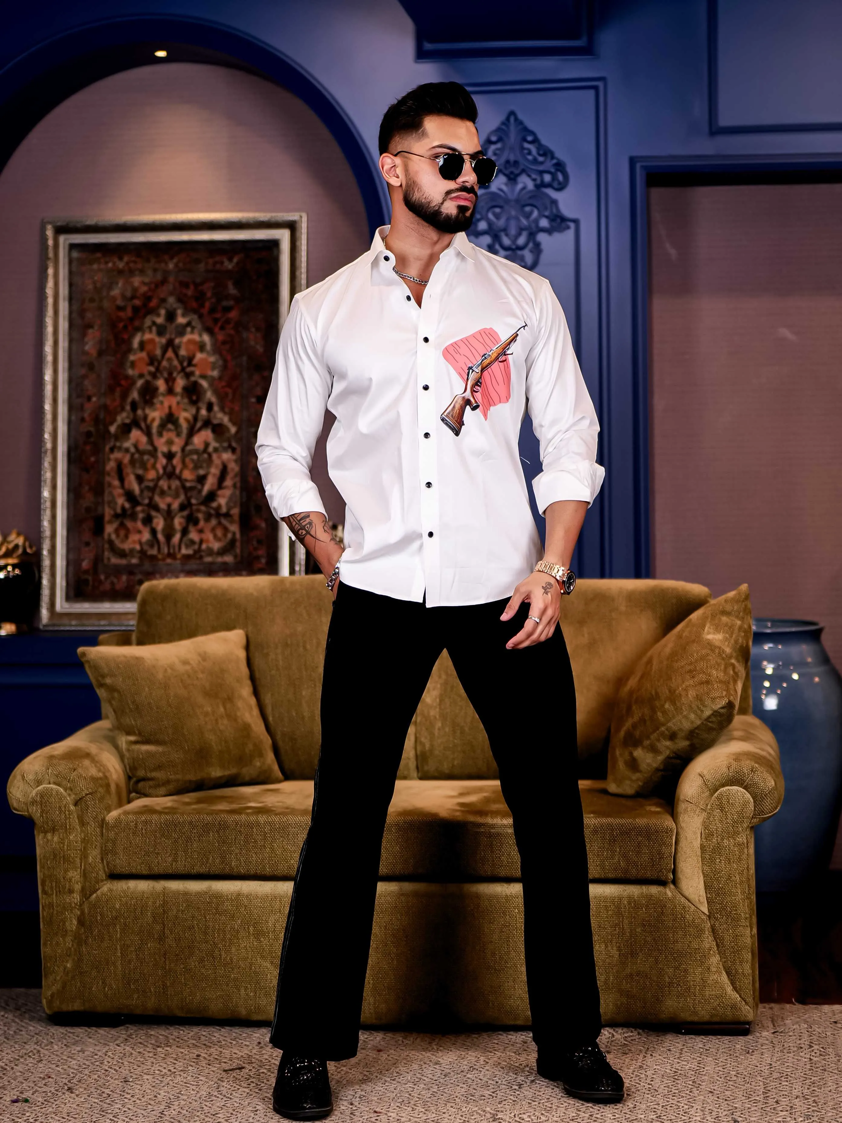 White Club Wear AWM Gun Printed Satin Cotton Shirt