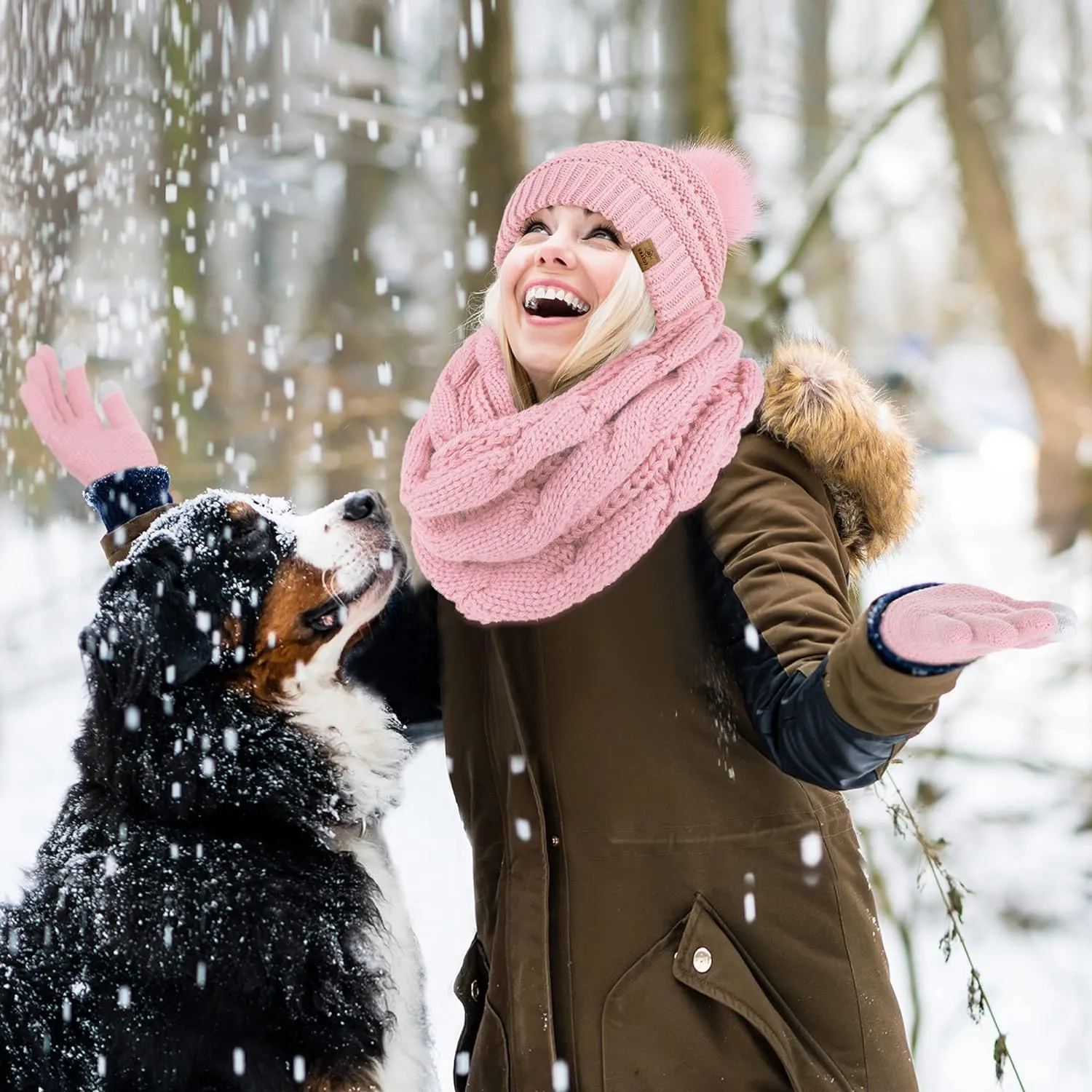 Winter Knit Olive Green Beanie Hat, Scarf, Ear Muff & Gloves Set